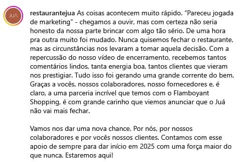 Comunicado oficial do Restaurante Juá (Foto: Reprodução / Instagram)