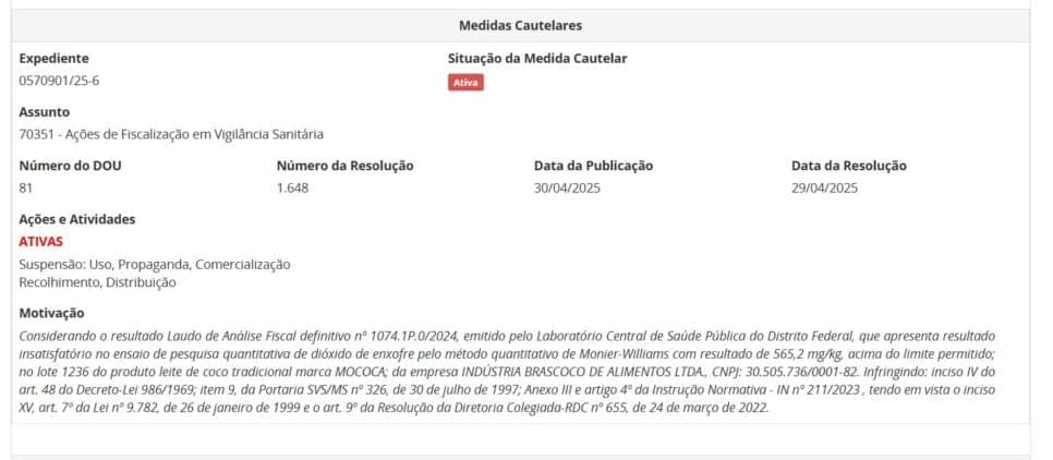 Proibição contra lote do Leite de coco Mococa PT 1 (Foto Reprodução/ANVISA) Proibição contra lote do Leite de coco Mococa PT 1 (Foto Reprodução/ANVISA)