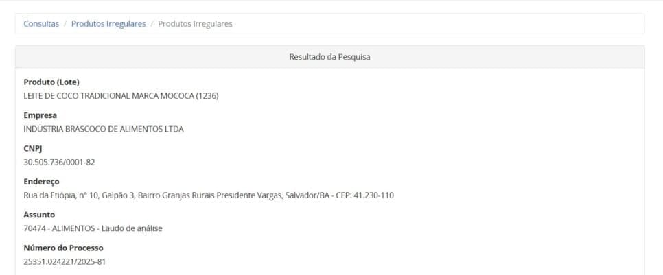 Proibição contra lote do Leite de coco Mococa PT 1 (Foto Reprodução/ANVISA) Proibição contra lote do Leite de coco Mococa PT 1 (Foto Reprodução/ANVISA)