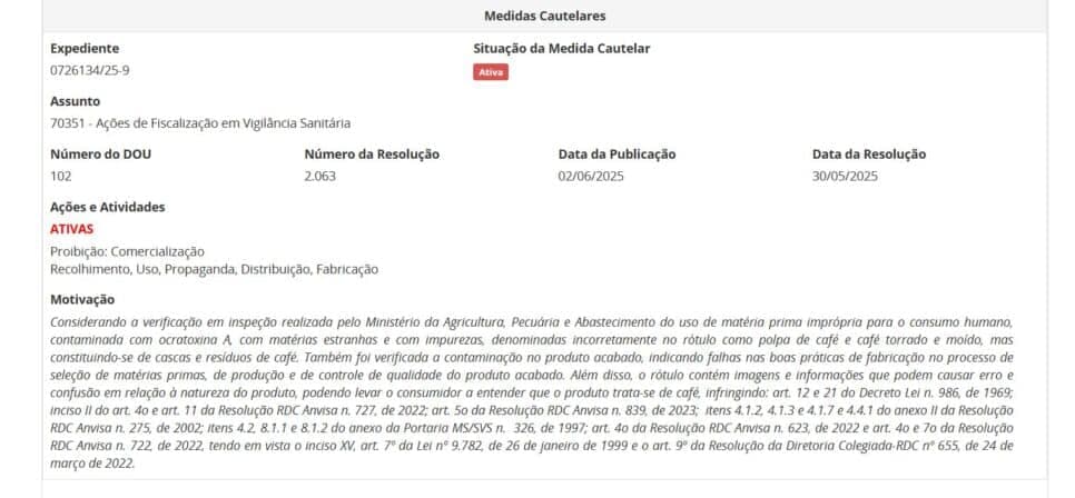 Proibição da ANVISA contra marca Pingo Preto de café em pó pt 2 (Foto Reprodução/ANVISA) Proibição da ANVISA contra marca Pingo Preto de café em pó pt 2 (Foto Reprodução/ANVISA)