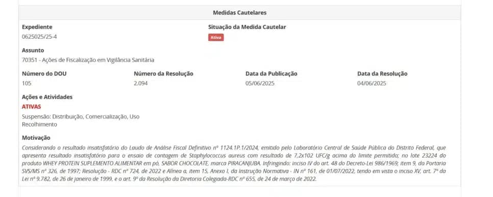 Resolução da ANVISA contra lote de Whey Protein da Piracanjuba (Foto Reprodução/Montagem/ANVISA) Resolução da ANVISA contra lote de Whey Protein da Piracanjuba (Foto Reprodução/Montagem/ANVISA)