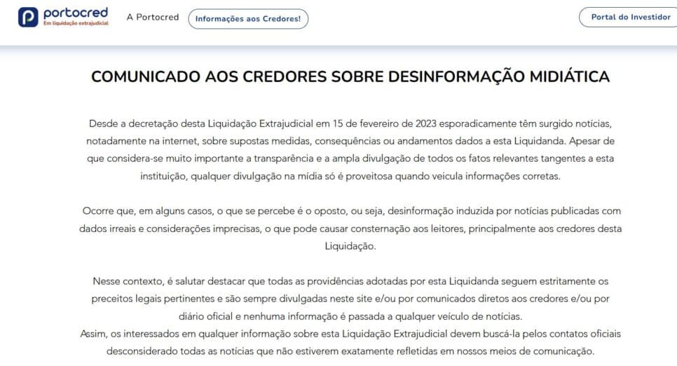 Comunicado da Portocred (Foto Reprodução/Portocred) Comunicado da Portocred (Foto Reprodução/Portocred)