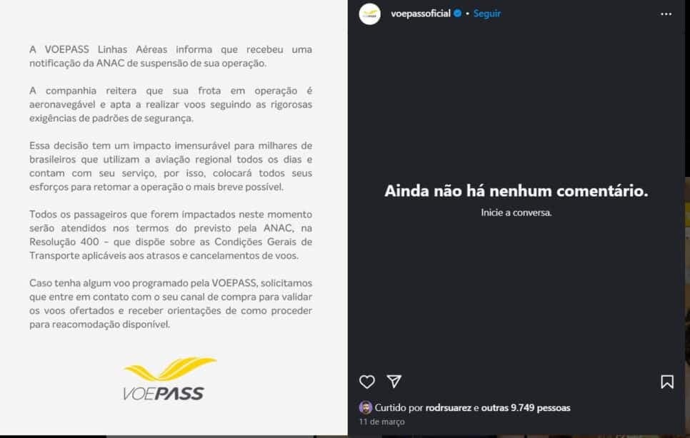 Voepass emitiu um comunicado também pelas redes sociais (Foto Reprodução/Redes Sociais) Voepass emitiu um comunicado também pelas redes sociais (Foto Reprodução/Redes Sociais)