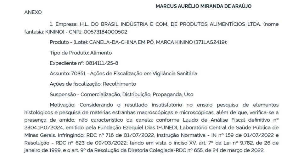 Resolução da ANVISA contra marca de canela (Foto Reprodução/GOV) Resolução da ANVISA contra marca de canela (Foto Reprodução/GOV)