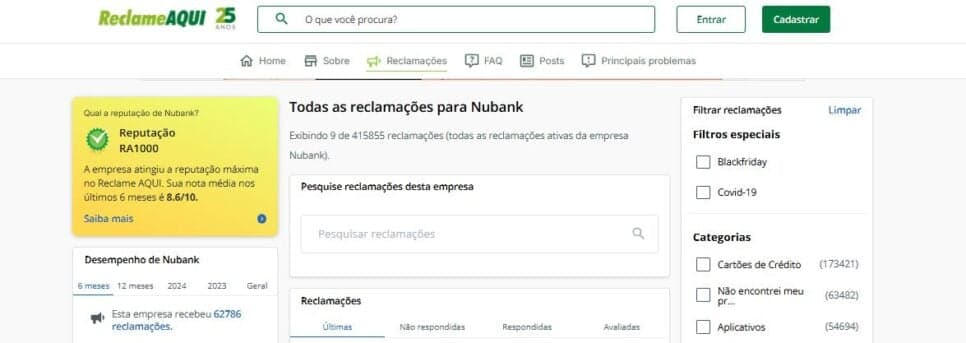 Avaliação do Nubank pelo Reclame Aqui (Foto Reprodução/RA) Avaliação do Nubank pelo Reclame Aqui (Foto Reprodução/RA)