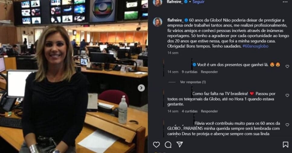 Homenagem de Flávia Freire aos 60 anos da Globo (Foto Reprodução/Montagem/Lennita/Tv Foco/Instagram@Flávia Freire Oficial) Homenagem de Flávia Freire aos 60 anos da Globo (Foto Reprodução/Montagem/Lennita/Tv Foco/Instagram@Flávia Freire Oficial)