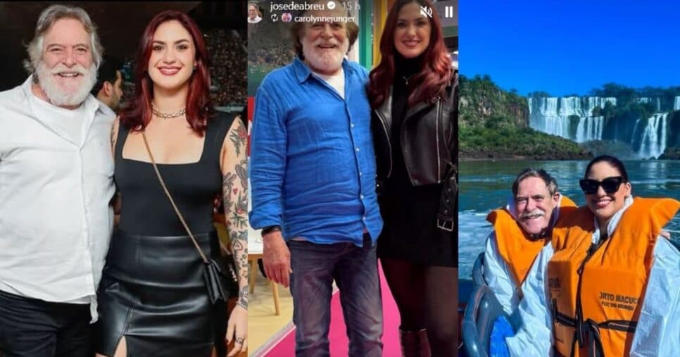 José de Abreu e a namorada Carolynne em cliques postados nas redes sociais (Foto Reprodução/Instagram/Caroline é 51 anos mais nova que José de Abreu (Foto Reprodução/Montagem/Tv Foco/@carolynnejung/@josedeabreu
er)Montagem/TV Foco)