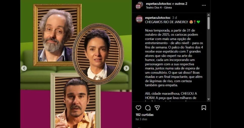 André Gonçalves está em cartaz com a peça TOC, no Rio de Janeiro (Foto Reprodução/Instagram@espetaculodoc)
