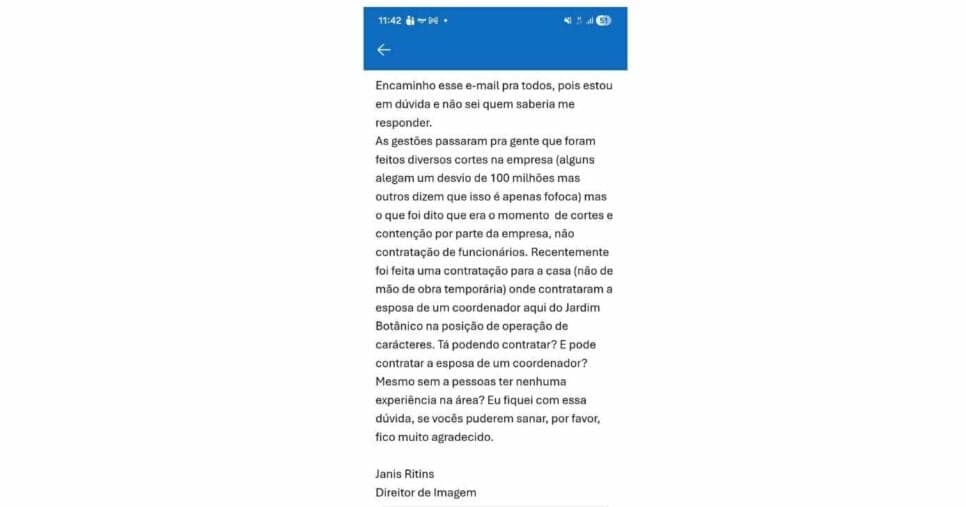 E-mail de Janis Ritins (Foto: Reprodução / Instagram) E-mail de Janis Ritins (Foto: Reprodução / Instagram)