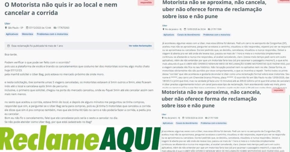 Reclamações da Uber no Reclame Aqui (Foto Reprodução/Montagem/Lennita/TV Foco/Reclame Aqui)