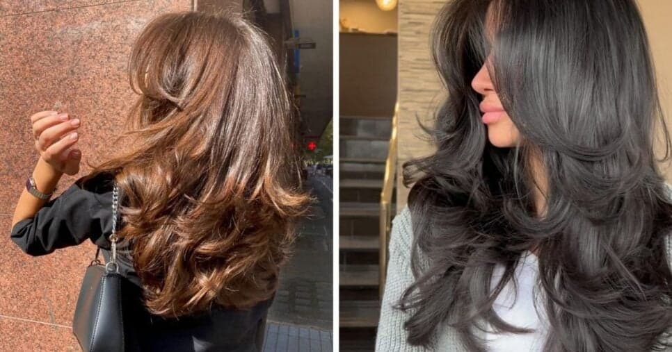 Corte em camadas valoriza o rosto e ainda permite estilizar o cabelo sem reduzir seu comprimento (Foto Reprodução/Montagem/Lennita/TV Foco/Canva/Pinterest)
