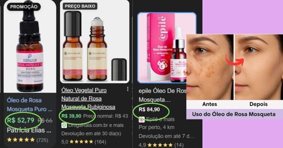 Média de valores do óleo de rosa mosqueta/resultados (Foto Reprodução/Montagem/Lennita/Canva/Google Shopping/ TikTok) Média de valores do óleo de rosa mosqueta/resultados (Foto Reprodução/Montagem/Lennita/Canva/Google Shopping/ TikTok)