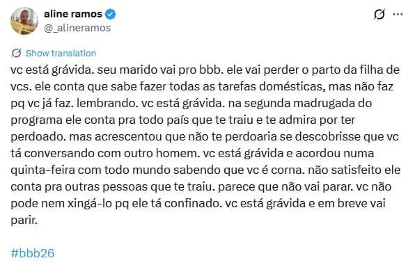 Aline Ramos criticou atitude de Pedro no BBB26 (Foto: Reprodução / X)
Aline Ramos criticou atitude de Pedro no BBB26 (Foto: Reprodução / X)