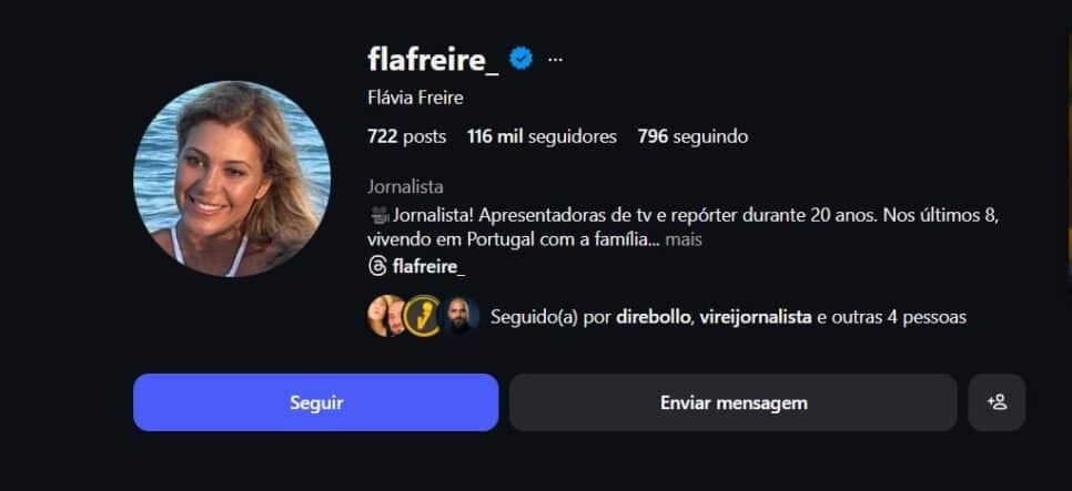 Bio de Flávia Freire nas redes sociais (Foto Reprodução/Montagem/Lennita/TV Foco/Instagram/@Flavia Freire)