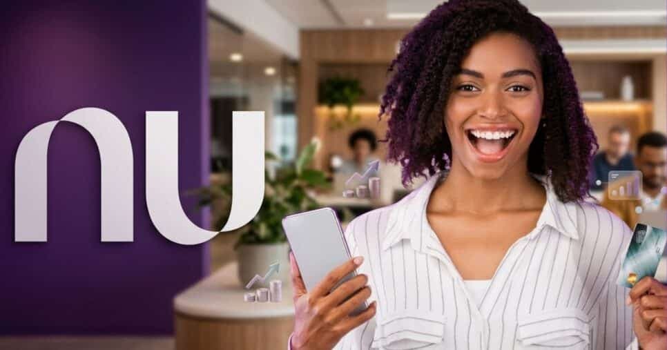 Logo do Nubank e mulher segurando cartão (Foto: Montagem TV Foco / GMN / Canva / Nubank)
