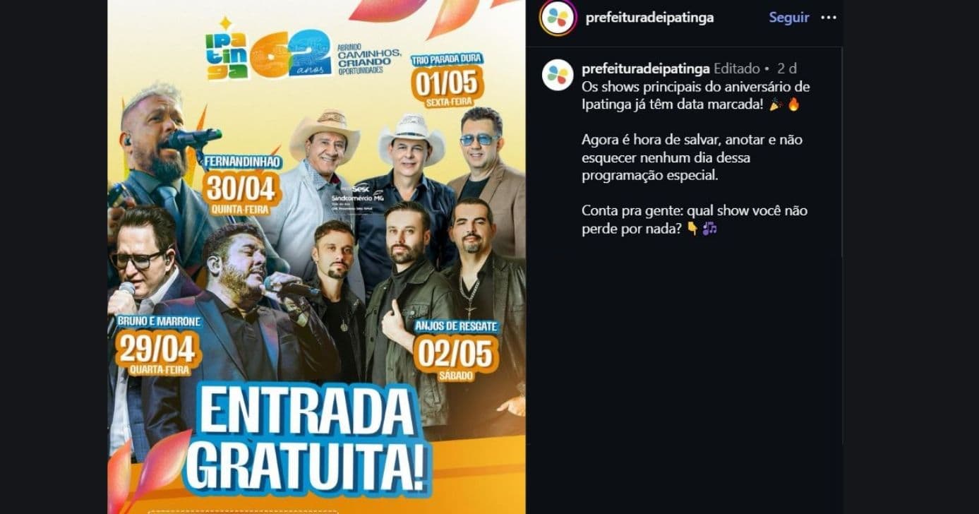 Feriado de aniversário da cidade de Ipatinga contará com shows para celebrar (Foto Reprodução/Instagram) Feriado de aniversário da cidade de Ipatinga contará com shows para celebrar (Foto Reprodução/Instagram)