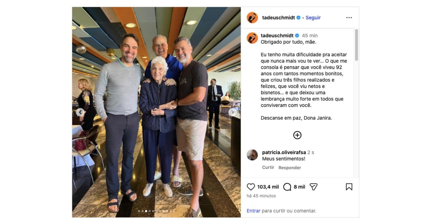 Mensagem de Tadeu Schmidt (Foto: Reprodução / Instagram)