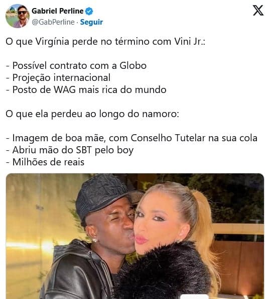 Gabriel Perline revela Virginia perdendo milhões (Foto: Reprodução / X)
