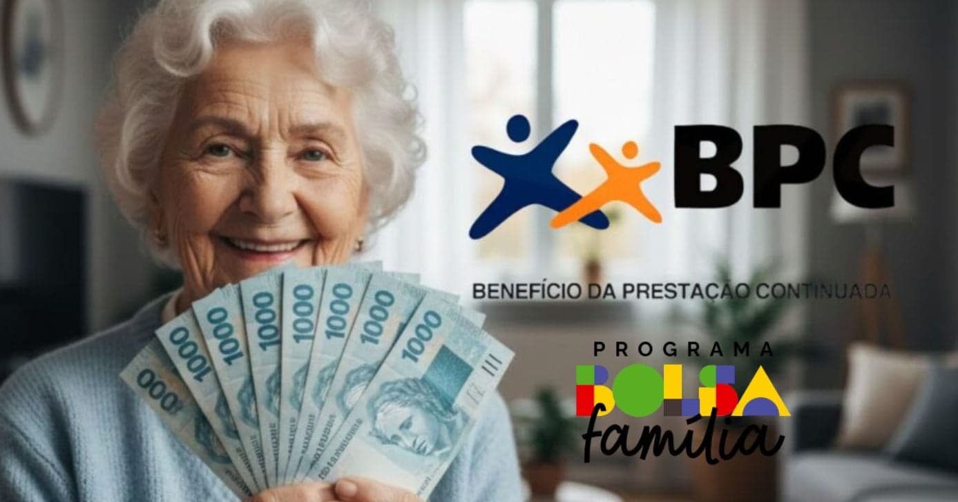Le - Ilustração idosa, logo Bolsa Família e BPC (Foto: Montagem TV Foco / GMN / Internet)