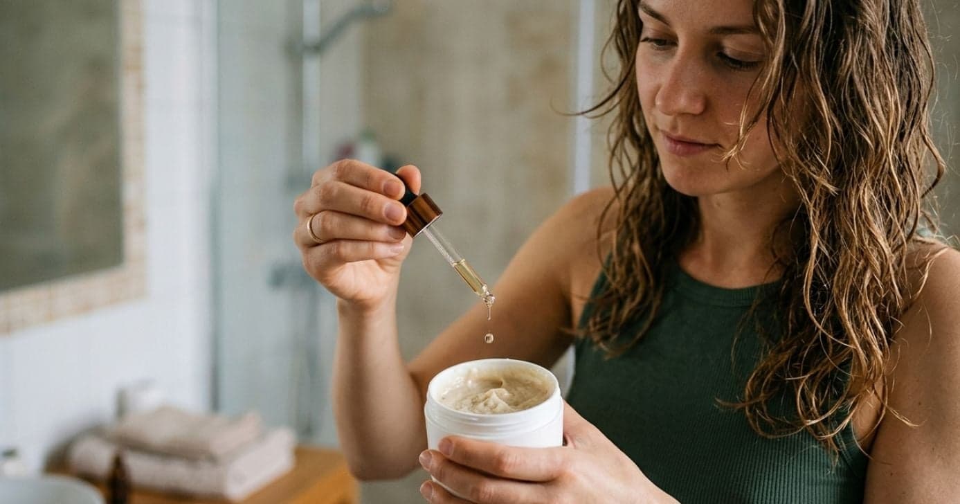 Mulher pingando óleo essencial na máscara de hidratação (Foto: Montagem TV Foco / GMN)