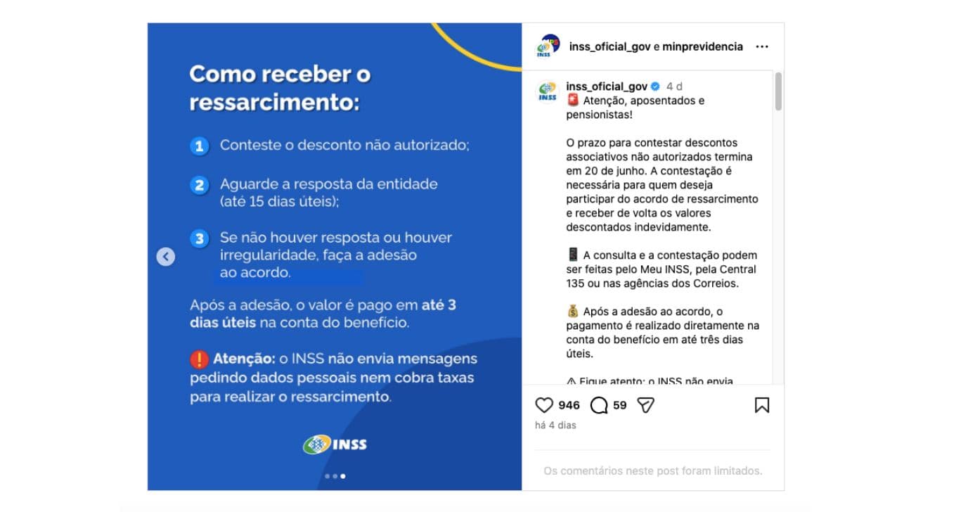 Publicação do INSS sobre ressarcimento (Foto: Reprodução / Instagram) Publicação do INSS sobre ressarcimento (Foto: Reprodução / Instagram)