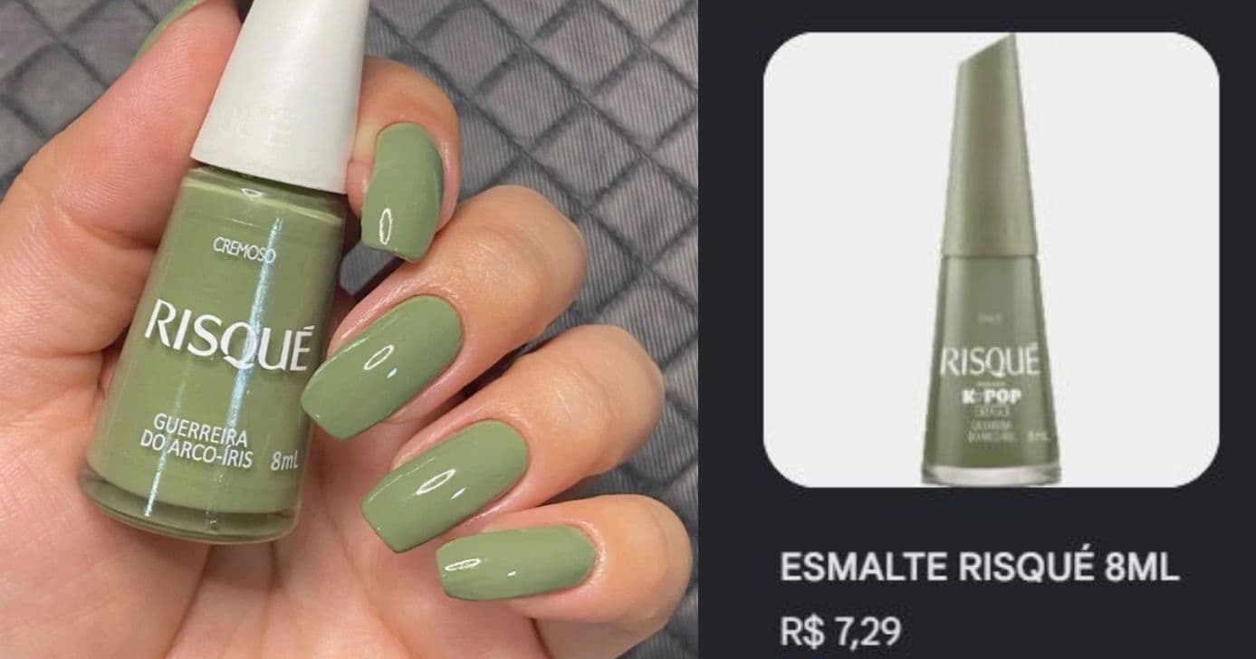 Opção de esmalte verde oliva da marca Risqué (Foto Reprodução/Montagem/Lennita/TV Foco/Canva/Google Shopping)