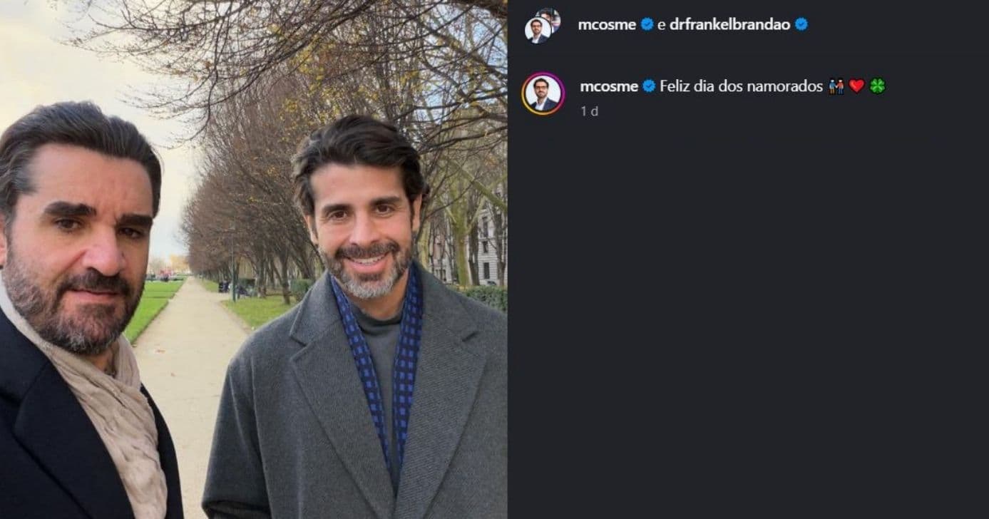Publicação de Marcelo Cosme celebrando o Dia dos Namorados (Foto Reprodução/Montagem/TV Foco/Canva/Instagram)