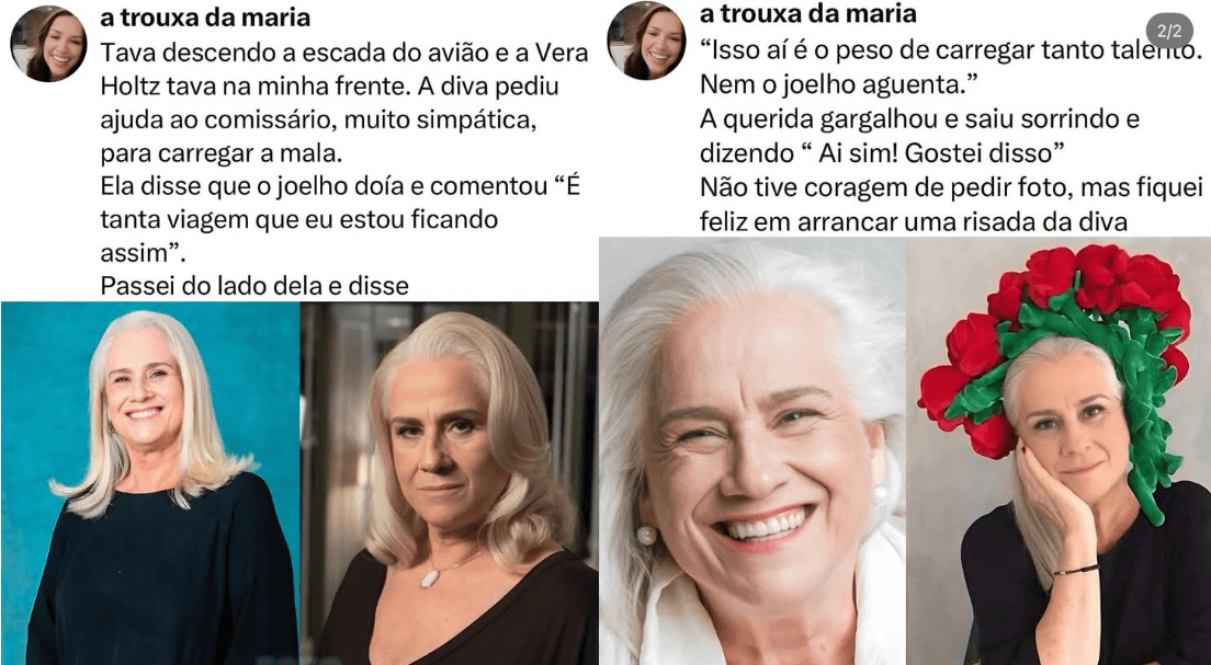 Relato de fã de Vera Holtz viralizou nas redes sociais (Foto: Reprodução / Instagram)
Relato de fã de Vera Holtz viralizou nas redes sociais (Foto: Reprodução / Instagram)