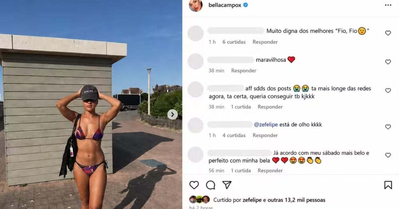 Bella Campos exibe abdômen trincado de biquíni na praia e curtida de Zé Felipe chama atenção (Foto: Reprodução/Instagram) Bella Campos exibe abdômen trincado de biquíni na praia e curtida de Zé Felipe chama atenção (Foto: Reprodução/Instagram)