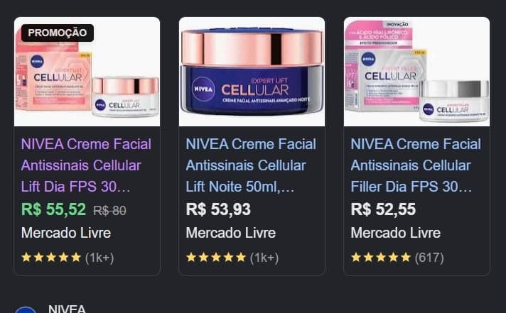 Média de valores da Linha Nivea Cellular Expert Lift Antissinais (Foto Reprodução/Google Shopping)