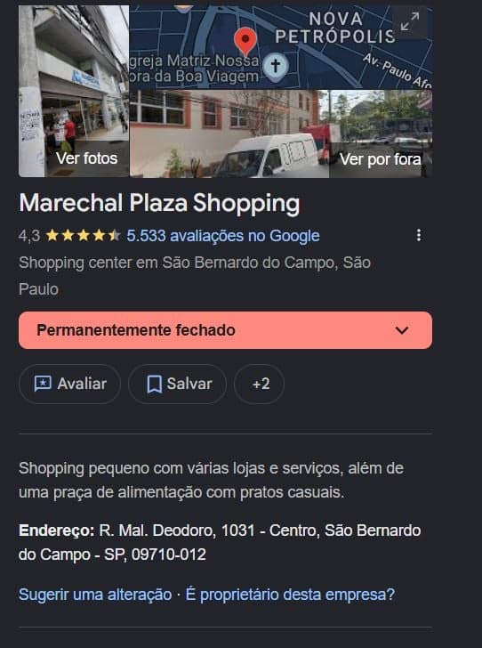 Status do Marechal Plaza Shopping no Google Maps (Foto Reprodução/Maps)