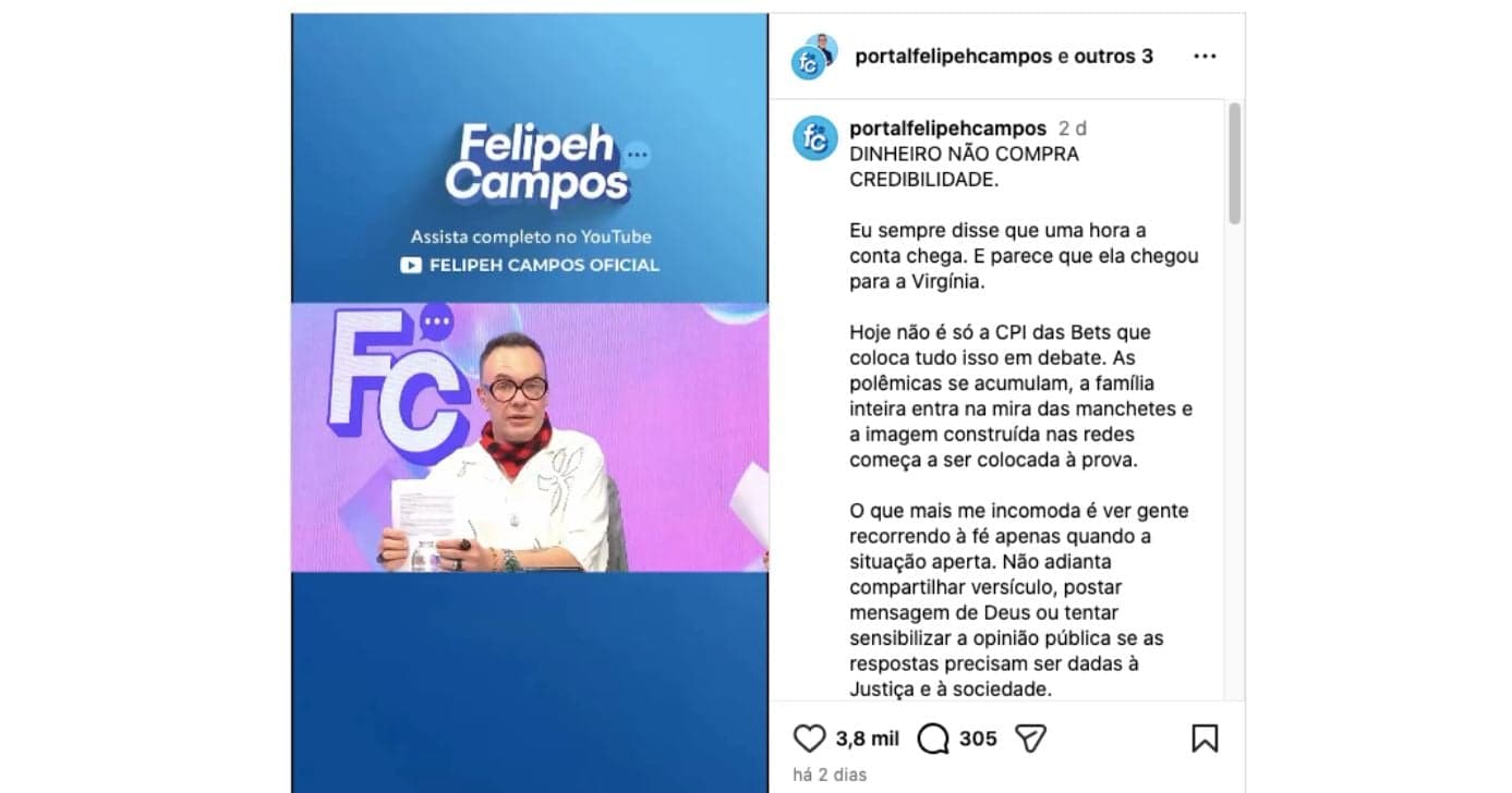 Postagem de Felipeh Campos (Foto: Reprodução / Instagram) Postagem de Felipeh Campos (Foto: Reprodução / Instagram)