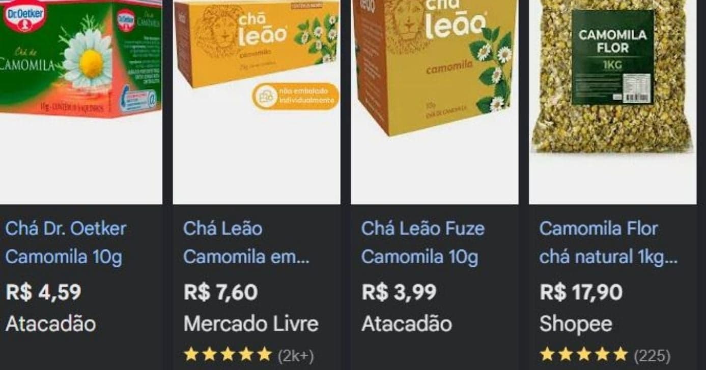 Opções de chás e ervas de camomila (Foto Reprodução/Google Shopping/Pesquisa Lennita) Opções de chás e ervas de camomila (Foto Reprodução/Google Shopping/Pesquisa Lennita)