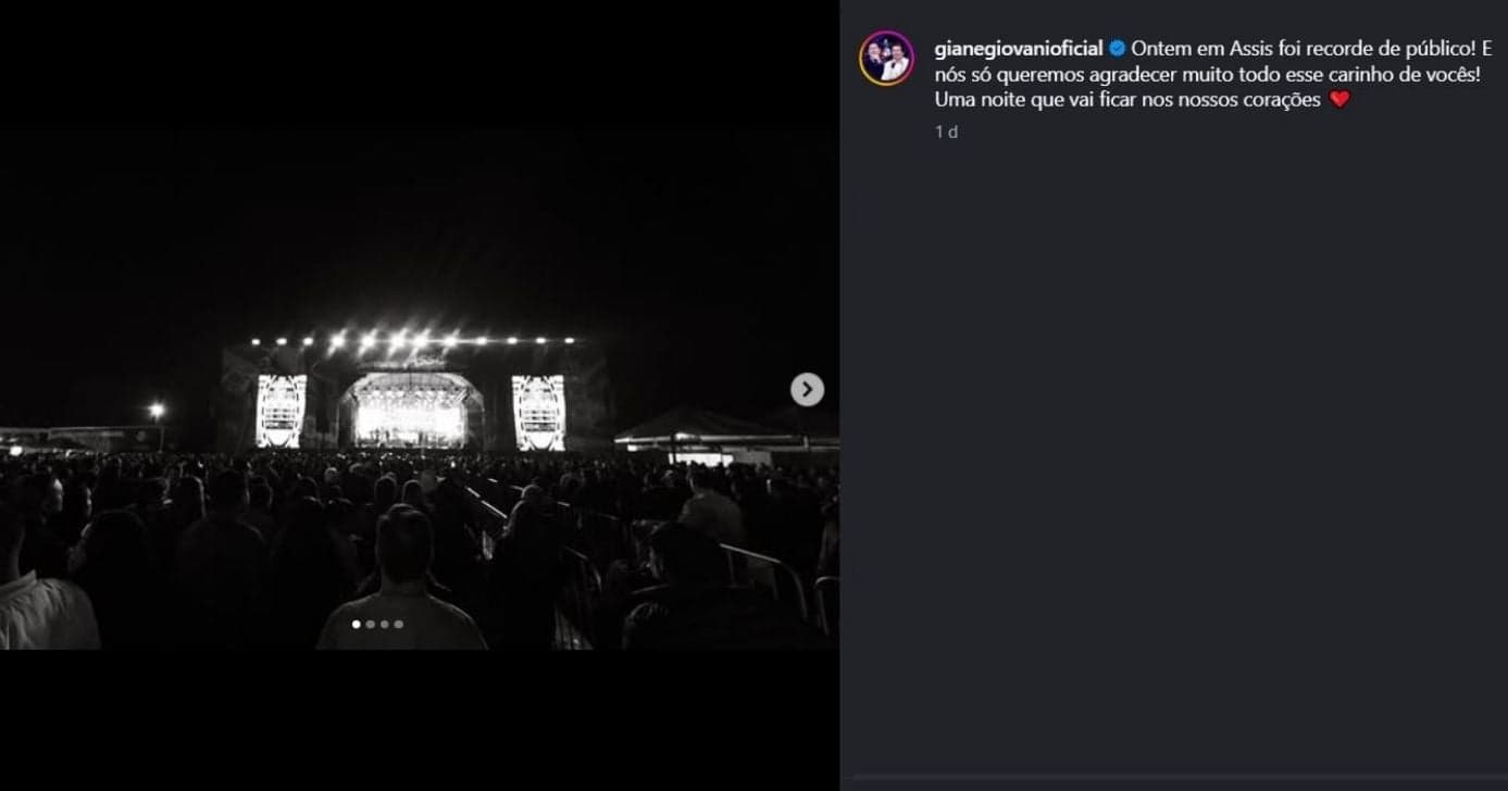 Registro de Gian e Giovani de show em Assis (Foto Reprodução/Instagram/@gianegiovani) Registro de Gian e Giovani de show em Assis (Foto Reprodução/Instagram/@gianegiovani)