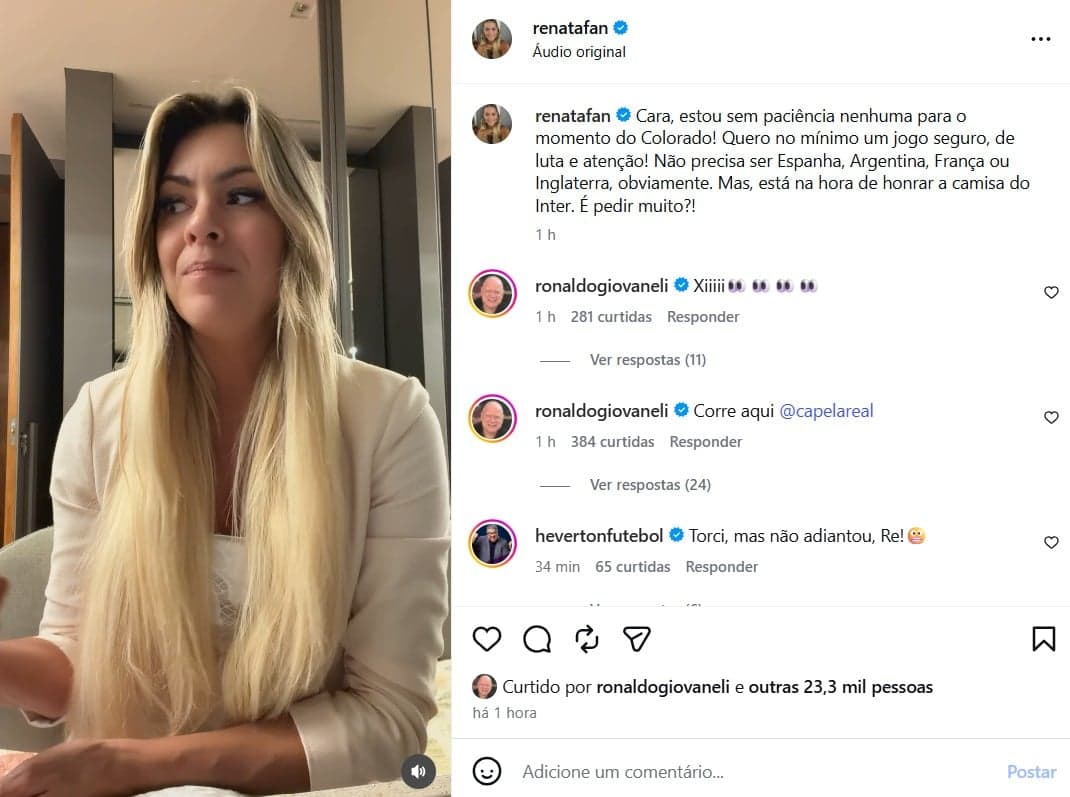Renata Fan fez desabafo após derrota do Internacional (Foto: Reprodução/ Instagram)