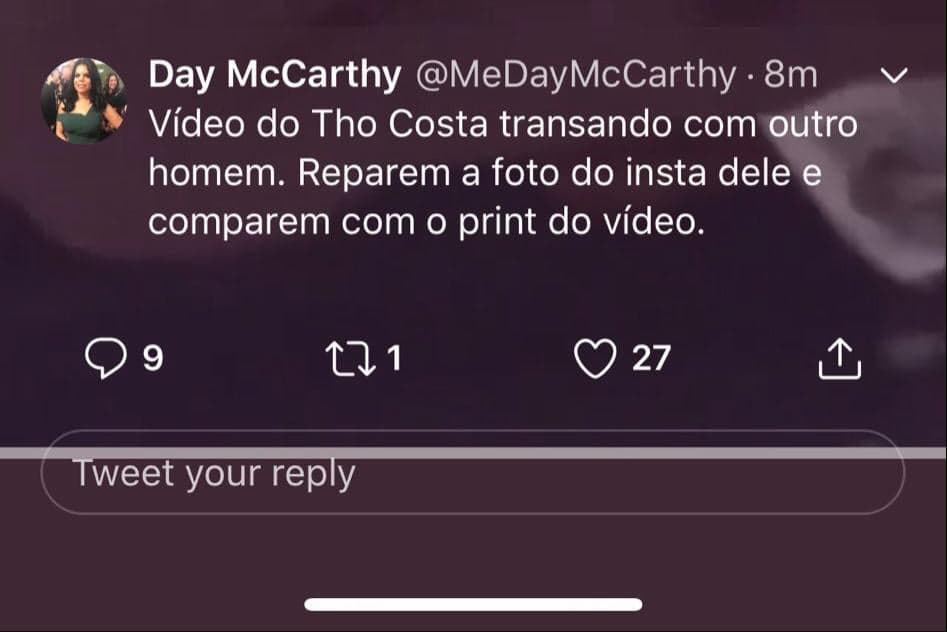 Thomaz Costa é atacado por Day Mccarthy nas redes sociais Thomaz Costa é atacado por Day Mccarthy nas redes sociais