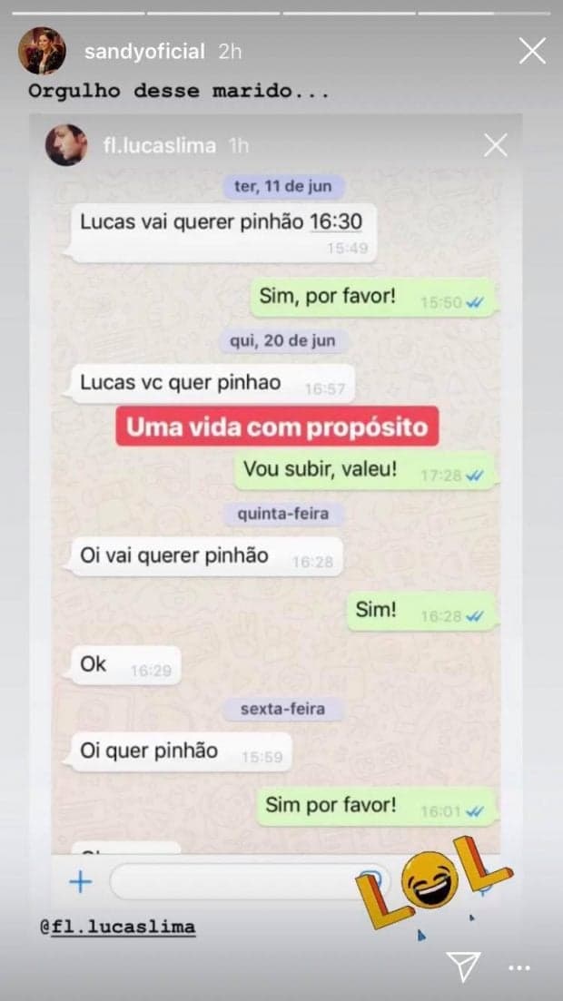 A filha do famoso cantor Xororó e irmã de Junior Lima, Sandy expôs conversas íntimas com o seu marido Lucas Lima (foto: Reprodução) A filha do famoso cantor Xororó e irmã de Junior Lima, Sandy expôs conversas íntimas com o seu marido Lucas Lima (foto: Reprodução)