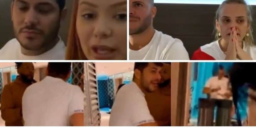 Mirela Janis e o marido Yugnir, e Nina Cachoeira e o esposo, Filipe Duarte brigam no Power Couple (Reprodução) Mirela Janis e o marido Yugnir, e Nina Cachoeira e o esposo, Filipe Duarte brigam no Power Couple (Reprodução)