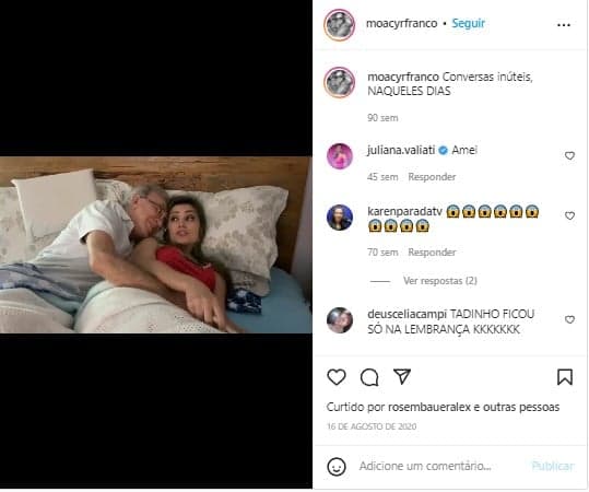 Moacyr Franco surgiu agarradinho com a cantora sertanejo em um vídeo no Instagram- Foto: Reprodução Moacyr Franco surgiu agarradinho com a cantora sertanejo em um vídeo no Instagram- Foto: Reprodução