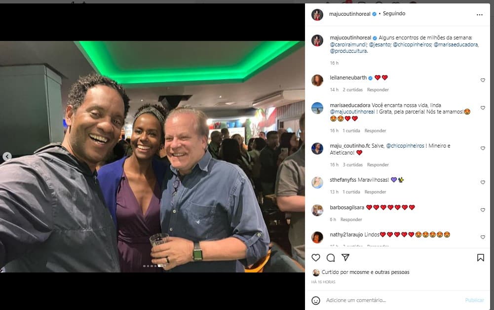 Maju Coutinho posou com o marido e com Chico Pinheiro no seu Instagram Maju Coutinho posou com o marido e com Chico Pinheiro no seu Instagram