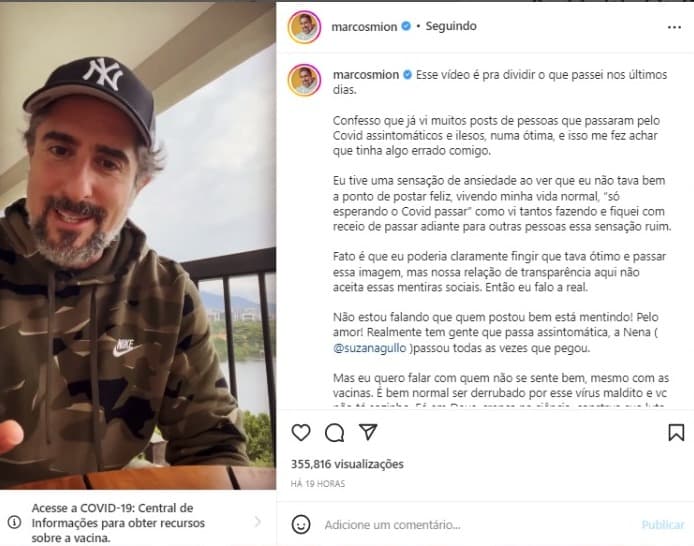 Marcos Mion publicou um desabafo sobre a Covid-19 no Instagram (Foto: Reprodução) Marcos Mion publicou um desabafo sobre a Covid-19 no Instagram (Foto: Reprodução)