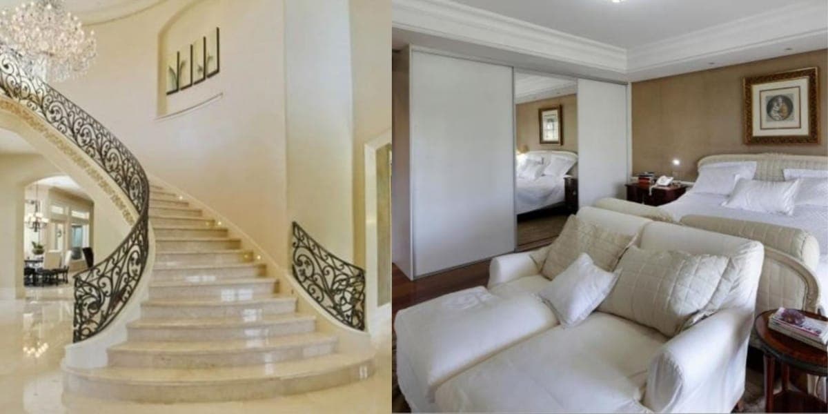 Escadas e suíte da mansão (Reprodução: Montagem TV Foco) Escadas e suíte da mansão (Reprodução: Montagem TV Foco)