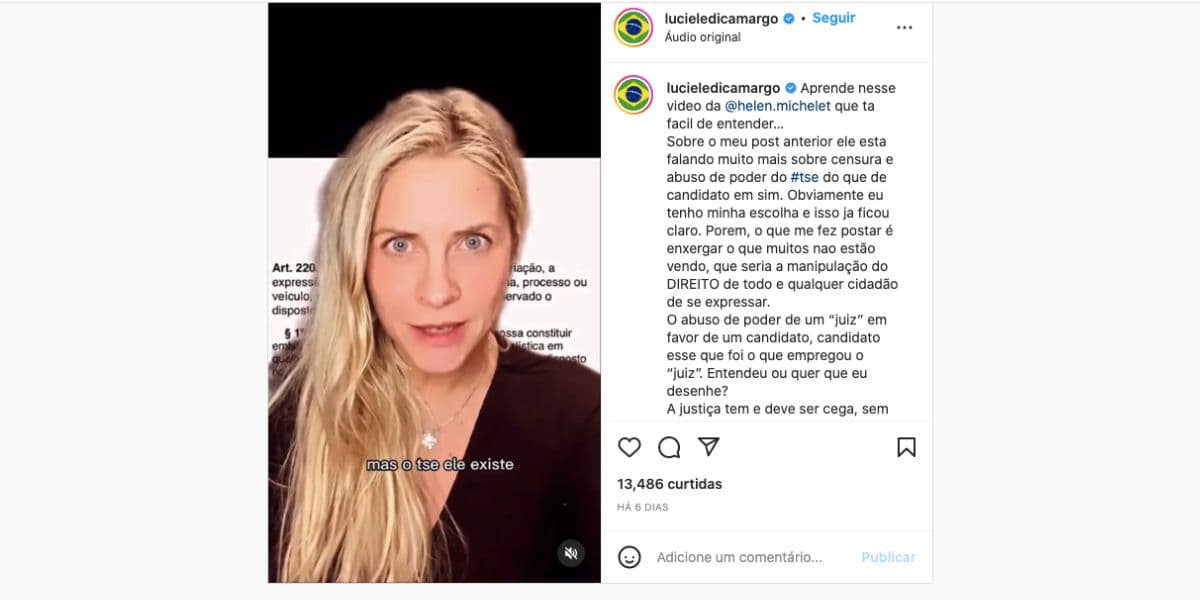 Luciele Di Camargo, esposa de Denílson, traz forte mensagem sobre política (Reprodução) Luciele Di Camargo, esposa de Denílson, traz forte mensagem sobre política (Reprodução)