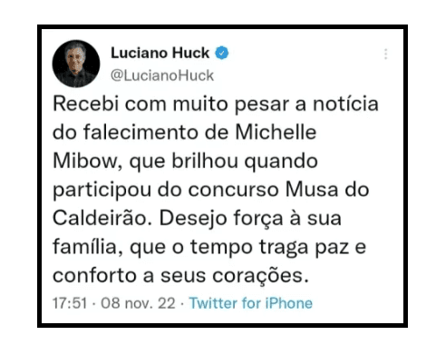 Luciano Huck, da Globo, se pronuncia sobre morte de Michelle Mibow - Reprodução Twitter Luciano Huck, da Globo, se pronuncia sobre morte de Michelle Mibow - Reprodução Twitter