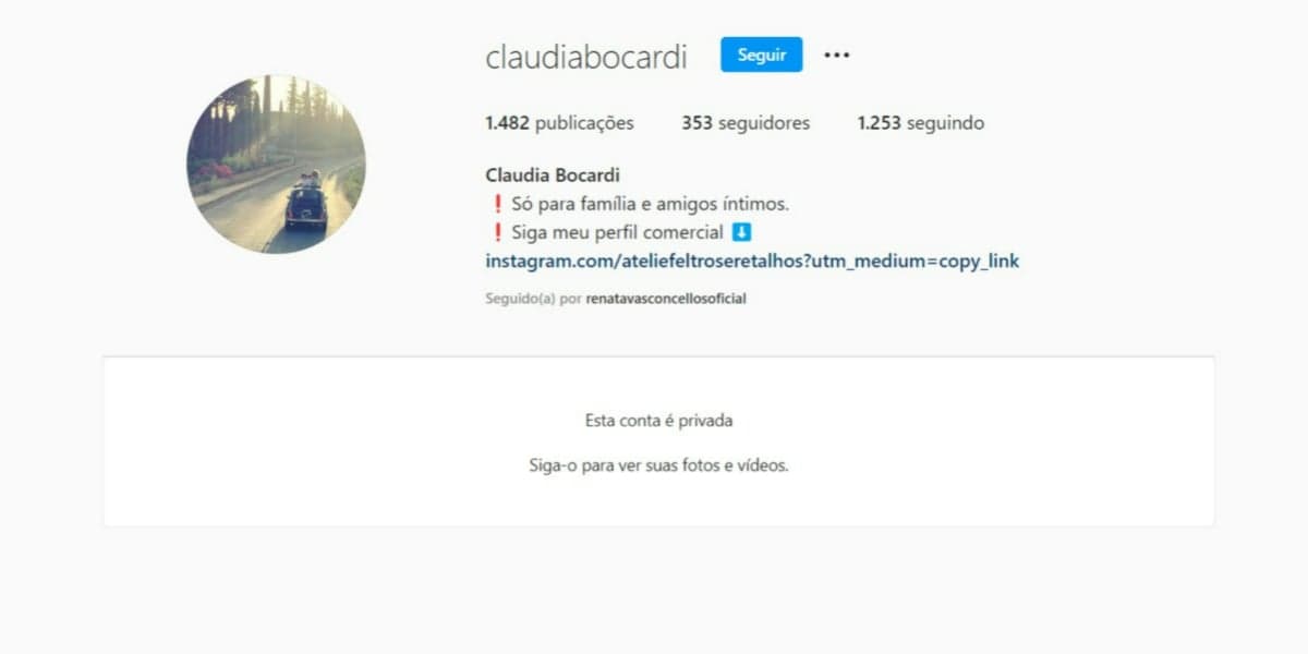 Perfil privado de Claudia Bocardi é seguido por Renata Vasconcellos (Foto: Reprodução/Instagram) Perfil privado de Claudia Bocardi é seguido por Renata Vasconcellos (Foto: Reprodução/Instagram)