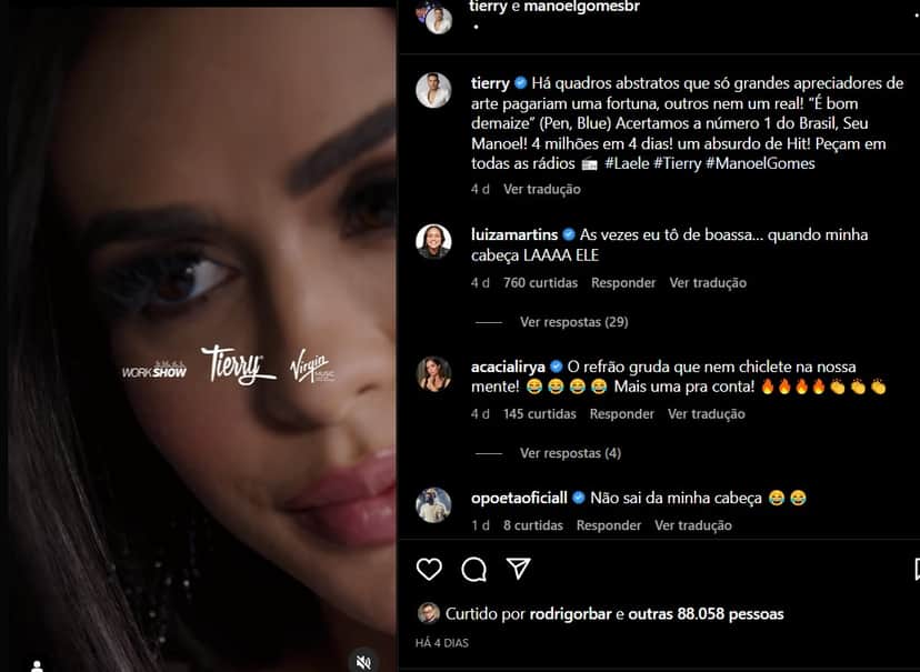 Manoel Gomes está no top da lista do Spotify com "Caneta Azul" (Foto Reprodução/Instagram) Manoel Gomes está no top da lista do Spotify com "Caneta Azul" (Foto Reprodução/Instagram)