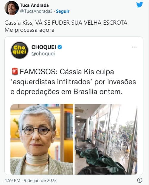 Tuca Andrade metralha Cássia kis após declarações da atriz - Foto; Reprodução Tuca Andrade metralha Cássia kis após declarações da atriz - Foto; Reprodução