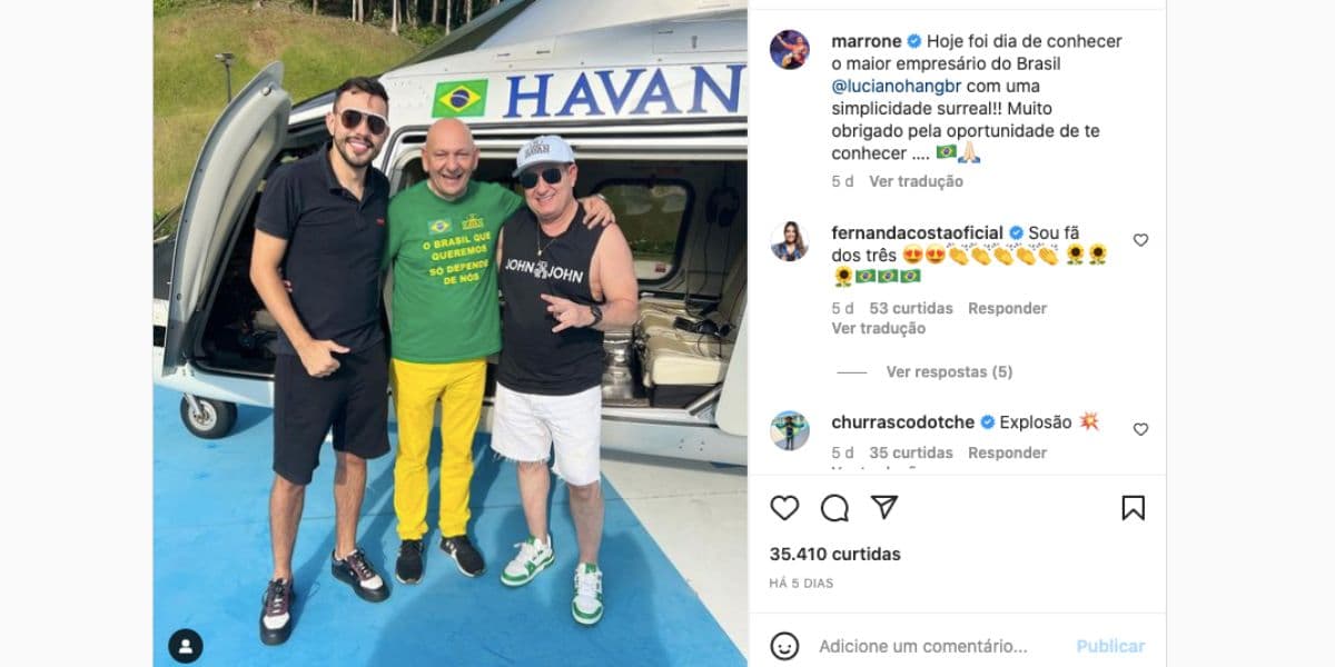 Marrone, da dupla com Bruno, compartilha foto com Luciano Hang, mais conhecido como o dono da Havan, e apoiador de Jair Bolsonaro e deixa claro opinião política fato que Zezé Di Camargo não teve coragem de fazer (Foto: Reprodução / Instagram) Marrone, da dupla com Bruno, compartilha foto com Luciano Hang, mais conhecido como o dono da Havan, e apoiador de Jair Bolsonaro e deixa claro opinião política fato que Zezé Di Camargo não teve coragem de fazer (Foto: Reprodução / Instagram)