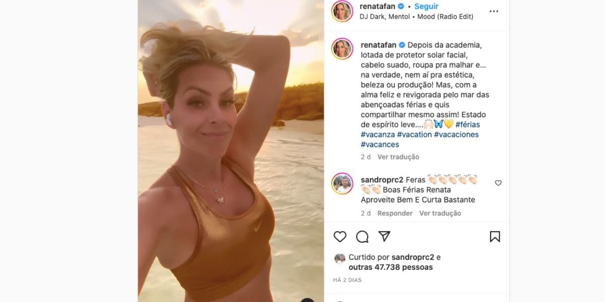 Renata Fan, que está de férias do "Jogo Aberto", da Band, faz textão nas redes sociais e confessa que está passando por momento relaxante e sem se preocupar com produções, maquiagens e roupas (Foto: Reprodução / Instagram) Renata Fan, que está de férias do "Jogo Aberto", da Band, faz textão nas redes sociais e confessa que está passando por momento relaxante e sem se preocupar com produções, maquiagens e roupas (Foto: Reprodução / Instagram)