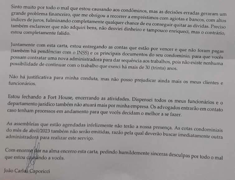 Foto de carta aos condomínios falando sobre encerramento de atividades, enviada por diretor de empresa - Foto Reprodução Metrópoles Foto de carta aos condomínios falando sobre encerramento de atividades, enviada por diretor de empresa - Foto Reprodução Metrópoles